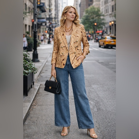 L’Agence Brooke Blazer Size 10 Neutral Leaves Print Designer Statement Jacket